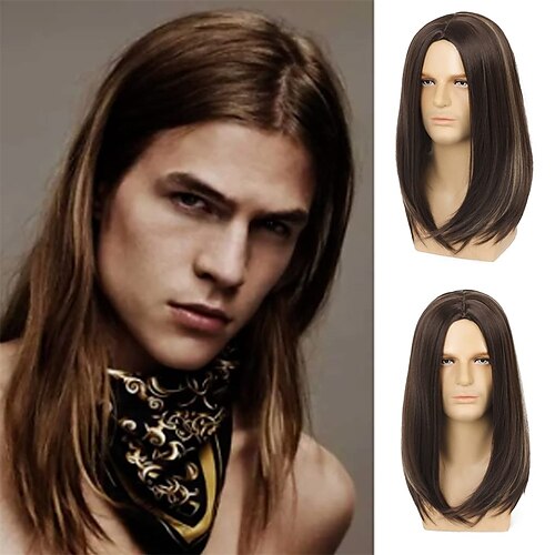 

Mens Long Brown Wig Long Straight Wig for Men Middle Part Synthetic Heat Resistant Hair Wigs for Daily Party Costume Halloween