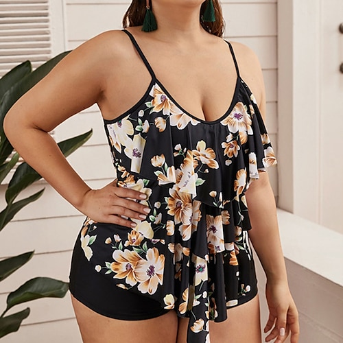 

Mulheres Roupa de Banho Tankini 2 partes Tamanho Grande roupa de banho Estampado Floral Preto Com Alças Fatos de banho novo Férias Moda / Sensual / Moderno / Com Bojo