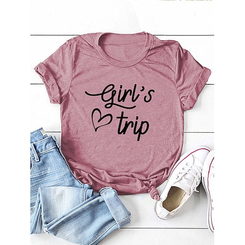 

Women's Casual Weekend Painting T shirt Tee Heart Text Short Sleeve Print Round Neck Basic Tops White Pink Wine S