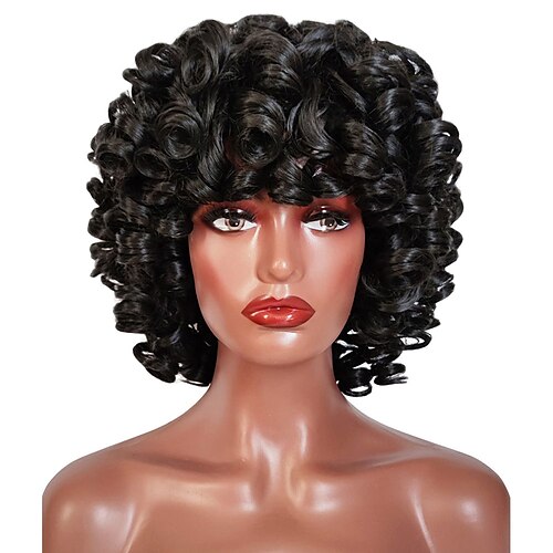 

Short Curly Afro Wigs for Black Women 14'' Kinky Medium Curly Black Wig with Bangs Natural Looking Synthetic Hair Replacement Wigs Heat Resistant for Daily Party