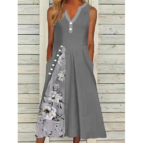 

Women's Casual Dress Midi Dress Gray Sleeveless Floral Ruched Spring Summer V Neck 2022 S M L XL XXL 3XL