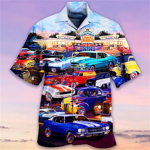 

Муж. Рубашка Гавайская рубашка Графическая рубашка Автомобиль Отложной Желтый Красный Лиловый Цвет радуги на открытом воздухе Для улицы 3D печать Кнопка вниз Одежда