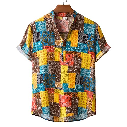 

Men's Dress Shirt Casual Shirt T shirt Shirt Print Oil Painting Geometry Letter Round Neck Casual Daily Print Short Sleeve Tops Ethnic Style Retro Tropical Nostalgic Light Yellow