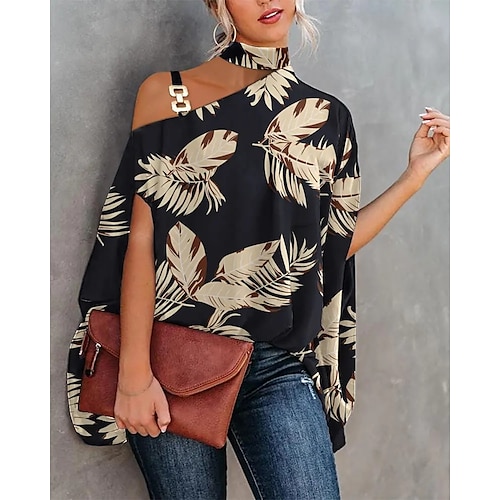 

Women's Daily Blouse Shirt Leaves Short Sleeve Patchwork Print Halter Neck Casual Tops Batwing Sleeve Black S