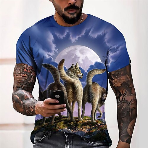 

Men's Unisex T shirt Tee 3D Print Graphic Prints Wolf Crew Neck Street Daily Print Short Sleeve Tops Casual Designer Big and Tall Sports Blue