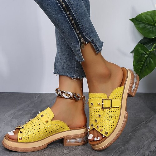 

Women's Mules Platform Slippers Flat Heel Round Toe Casual Daily Walking Shoes PU Leather Loafer Spring Summer Solid Colored Green Black Champagne