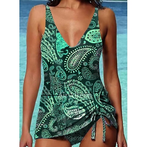 

Mulheres Roupa de Banho Tankini 2 partes Normal roupa de banho Cintura alta Imprimir Estampa floral Verde Acolchoado Decote em V-wire Fatos de banho Esportivo Férias Sensual / novo