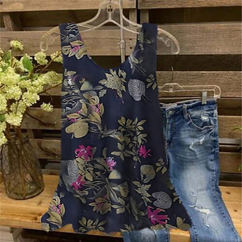 

Women's Plus Size Tops Blouse Shirt Floral Print Sleeveless Crewneck Streetwear Daily Holiday Cotton Spandex Jersey Spring Summer Navy Blue