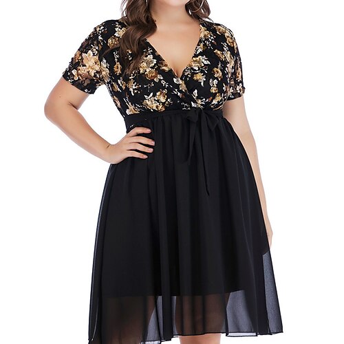 

Women's Plus Size Holiday Dress Floral V Neck Print Short Sleeve Fall Spring Work Casual Knee Length Dress Causal Daily Dress