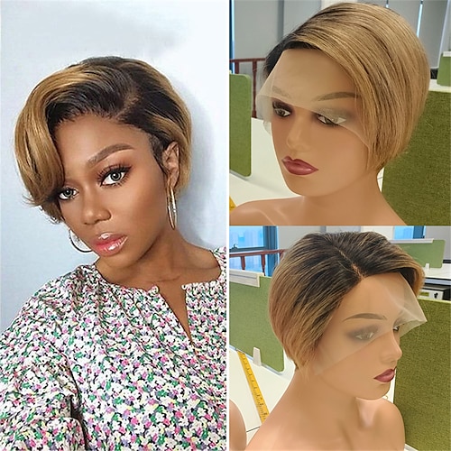 

13x4x1 T Lace Front Wig Side Part Pixie Cut Human Hair Wig For Women Short Black Blonde 1B/27# Fashion Color Brazilian Hair Natural Straight Black Wig 150% Density with Baby Hair