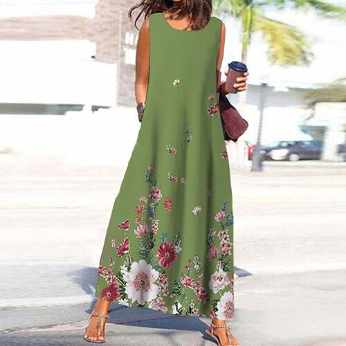 

Mulheres Vestido A Line Vestido Swing Vestido maxi longo Verde Cinzento Vermelho Sem Manga Floral Bolsos Imprimir Primavera Verão Gola Redonda à moda Casual Férias 2022 S M L XL XXL 3XL