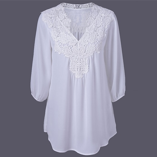 

Women's Plus Size Tops Blouse Shirt Plain Lace 3/4 Length Sleeve V Neck Basic Preppy Work Daily Cotton Blend Winter Fall Green Black