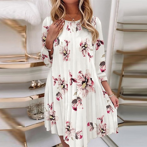 

Women's White 3/4 Length Sleeve Floral Pleated Winter Fall Autumn Crew Neck Romantic Weekend Loose Fit 2022 S M L XL 2XL