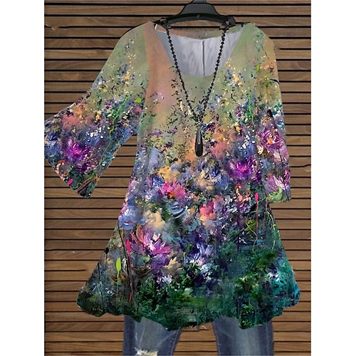 

Dame Skjorte Bluse Grøn Blomstret Trykt mønster 3/4-ærmer Daglig Ferie Gade Rund Hals Normal XL