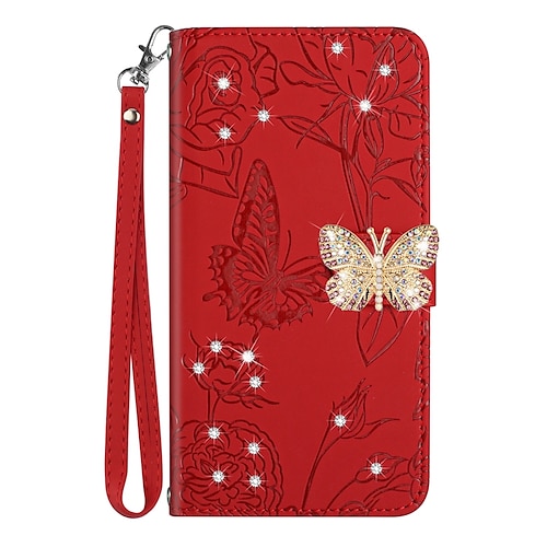 

Phone Case For Apple Wallet Card iPhone 14 Pro Max 14 Plus 13 12 11 Pro Max Mini X XR XS Rhinestone with Wrist Strap Card Holder Slots Butterfly Solid Colored Crystal Diamond PU Leather