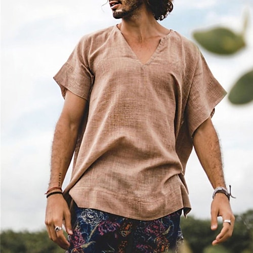 

Men's Shirt Solid Color V Neck Street Casual Short Sleeve Tops Casual Fashion Comfortable Beach Brown
