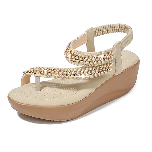 

Women's Sandals Platform Sandals Rhinestone Wedge Heel Round Toe Open Toe Elegant Casual Party Beach PU Leather Elastic Band Spring Summer Solid Colored Almond Black Red