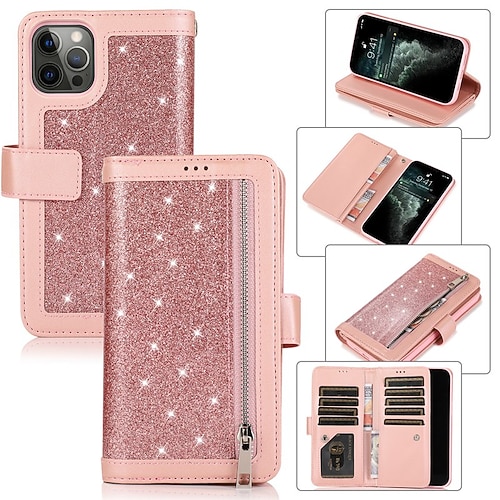 

Phone Case For Apple Wallet Card iPhone 13 Pro Max 12 Mini 11 X XR XS Max 8 7 Zipper with Wrist Strap Card Holder Slots Solid Colored Glitter Shine TPU PU Leather