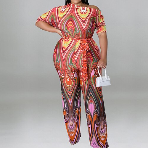 

Women's Plus Size Jumpsuit Print Color Block Streetwear Casual Daily High Full Length Spring Summer Green Yellow Red XL XXL 3XL 4XL 5XL