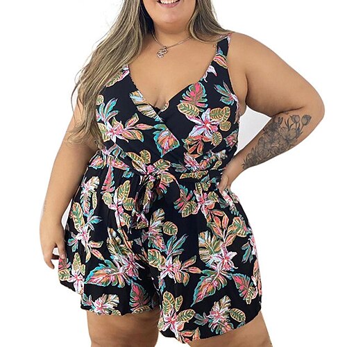 

Women's Plus Size Romper Print Floral Casual Streetwear Casual Daily High Full Length Spring Summer Black L XL XXL 3XL 4XL
