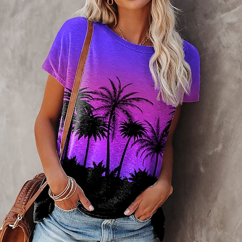 

Women's T shirt Tee Purple Plants Print Short Sleeve Casual Holiday Basic Hawaiian Holiday Round Neck Regular Floral Painting S