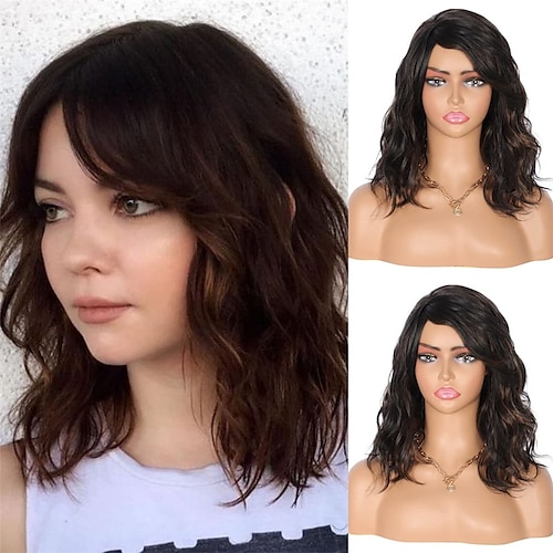 

12 Black with Brown Highlight Wigs for Black Women Short Curly Wavy Synthetic Wigs with Bangs Side Parting Heat Resistant Premium Yaki Synthetic Hair Wigs