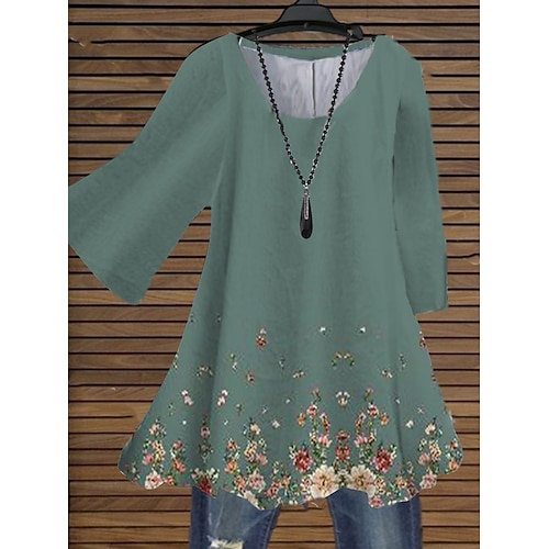 

Women's Plus Size Tops Blouse Shirt Floral Print 3/4 Length Sleeve Crewneck Streetwear Daily Holiday Cotton Spandex Jersey Spring Summer Blue Gray