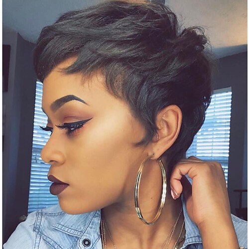 

Human Hair Wig Body Wave Pixie Cut Natural Black Adjustable Natural Hairline For Black Women Machine Made Capless Brazilian Hair All Natural Black #1B 6 inch Daily Wear Party & Evening