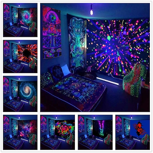 

Black UV Light Wall Tapestry Hanging Cloth Poster Fluorescent Home Decoration Background Cloth Art Home Bedroom Living Room Decoration Star Lion