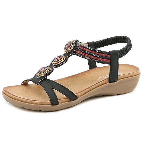 

Women's Sandals Flat Sandals Pearl Wedge Heel Round Toe Open Toe Elegant Casual Daily Office Walking Shoes PU Leather Elastic Band Spring Summer Solid Colored Embroidered Almond Black Brown