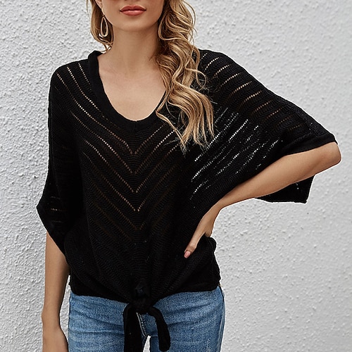 

Women's Pullover Sweater jumper Jumper Crochet Knit Knitted Pure Color V Neck Stylish Casual Outdoor Daily Spring Summer Yellow Black S M L / Regular Fit / Going out
