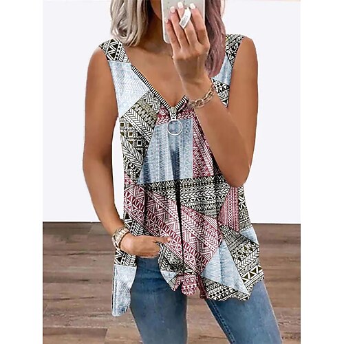 

Women's Geometric Tank Top Camis Geometric Quarter Zip Print V Neck Casual Streetwear Tops Blue / 3D Print