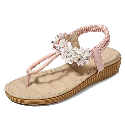 

Women's Sandals Boho Bohemia Beach Sparkly Sandals Rhinestone Flat Heel Round Toe Open Toe Elegant Casual Party Beach PU Leather Elastic Band Spring Summer Solid Colored White Rosy Pink
