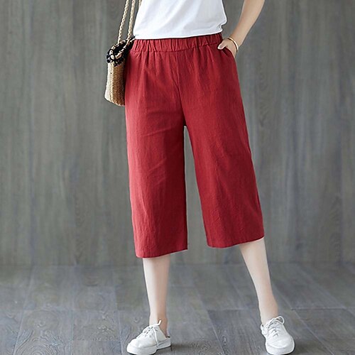 

Women's Culottes Wide Leg Chinos Pants Trousers 100% Cotton Orange Red Coffee Mid Waist Fashion Casual Weekend Side Pockets Micro-elastic Calf-Length Comfort Plain M L XL XXL / Loose Fit