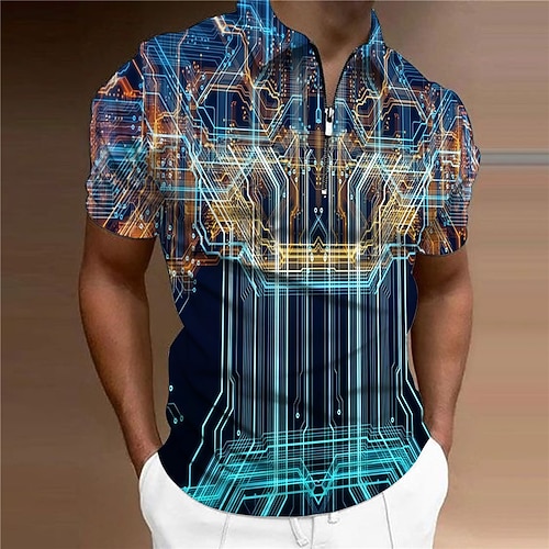 

Men's Collar Polo Shirt Golf Shirt Machine Turndown Blue 3D Print Casual Daily Short Sleeve Zipper Print Clothing Apparel Fashion Designer Casual Breathable / Sports