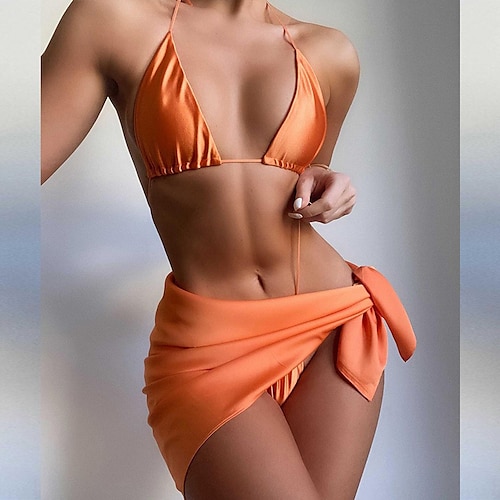 

Women's Swimwear Bikini Three Piece Normal Swimsuit Open Back string Pure Color Purple Yellow Khaki Orange Halter V Wire Bathing Suits Sexy Vacation Fashion / Satin / Modern / New / Padless