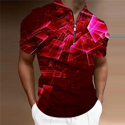 

Men's Collar Polo Shirt Golf Shirt Optical Illusion Turndown Fuchsia 3D Print Casual Daily Short Sleeve Zipper Print Clothing Apparel Fashion Designer Casual Breathable / Sports