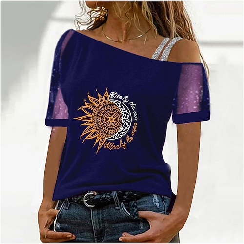 

Women's Shirt Graphic Patchwork Print Off Shoulder Casual Tops Green Blue Black