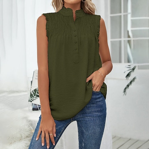 

Women's Daily Weekend Tank Top Camis Plain Sleeveless Ruffle Button Standing Collar Casual Streetwear Tops Green S