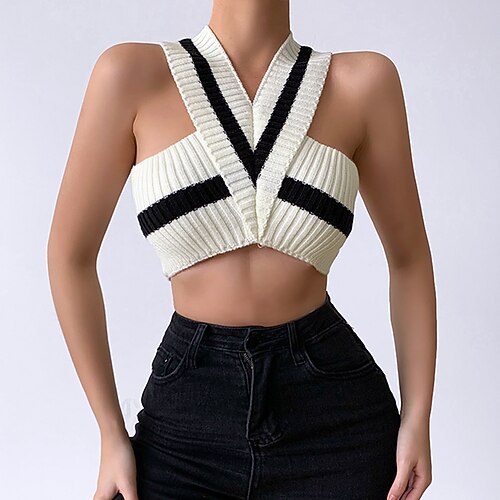 

Women's Camis Halter Crisscross Tank Striped V Neck Tops Skinny White