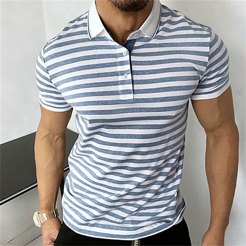 

Men's Shirt Hot Stamping Striped Turndown Street Casual Button-Down Print Short Sleeve Tops Casual Fashion Breathable Comfortable Blue