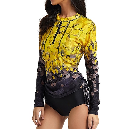 

Damen Badeanzug Rashguard Tauchen 2 Stück Normal Bademode Reißverschluss Print Graphic Gelb Stehkragen Badeanzüge Sport Urlaub Modisch / Modern / neu / Gepolsterte BHs