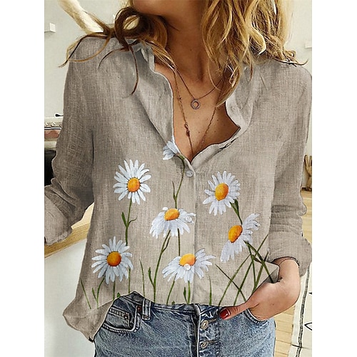 

Women's Blouse Shirt Green Blue Khaki Daisy Button Print Long Sleeve Daily Holiday Streetwear Casual Shirt Collar Regular Floral S