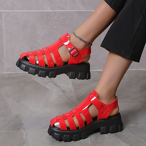 

Women's Sandals Platform Sandals Chunky Heel Round Toe Classic Daily Walking Shoes PU Leather Ankle Strap Spring Summer Solid Colored White Black Light Red