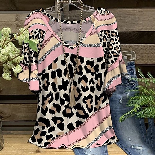 

Women's Plus Size Tops T shirt Tee Leopard Print Short Sleeve V Neck Streetwear Daily Vacation Polyester Spring Summer Green Purple