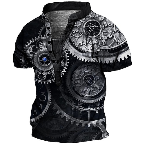 

Men's Henley Shirt Tee T shirt Tee 3D Print Graphic Machine Plus Size Stand Collar Daily Sports Button-Down Print Short Sleeve Tops Basic Casual Designer Big and Tall Black