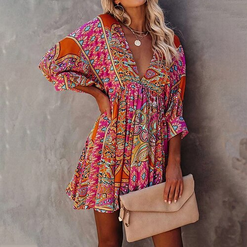 

Women's A Line Dress Short Mini Dress Green Blue Red 3/4 Length Sleeve Floral Backless Smocked Pleated Spring Summer V Neck Hot Sexy Boho Loose 2022 S M L XL XXL / Print