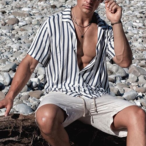 

Men's Shirt Hot Stamping Striped Turndown Street Casual Button-Down Short Sleeve Tops Cotton Casual Fashion Breathable Comfortable Black / Summer