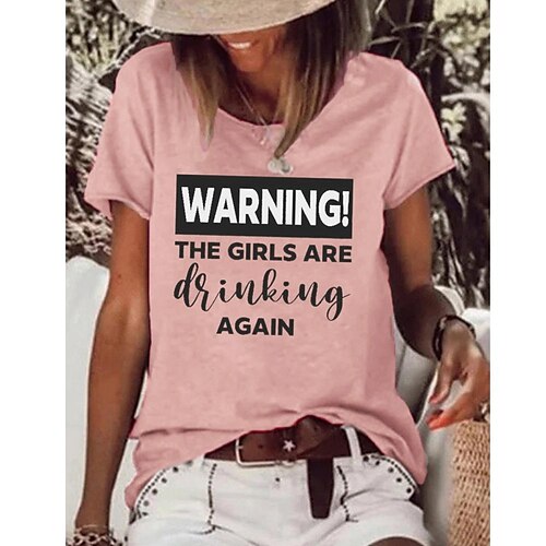 

Women's T shirt Tee Light Green Pink Dusty Rose Text Print Short Sleeve Casual Weekend Basic Round Neck Regular S