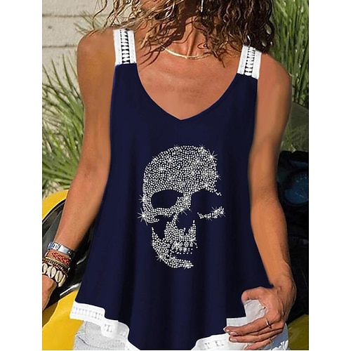 

Women's Tank Top Graphic Skull Print V Neck Casual Tops Black Blue Wine